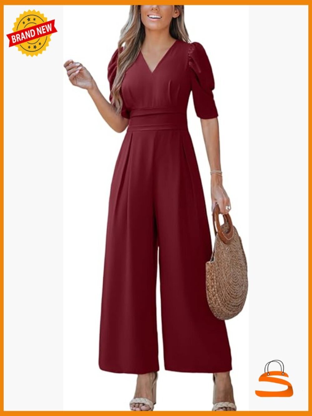 V Neck 3/4 Sleeve Wide Leg Jumpsuit Romper with Pockets